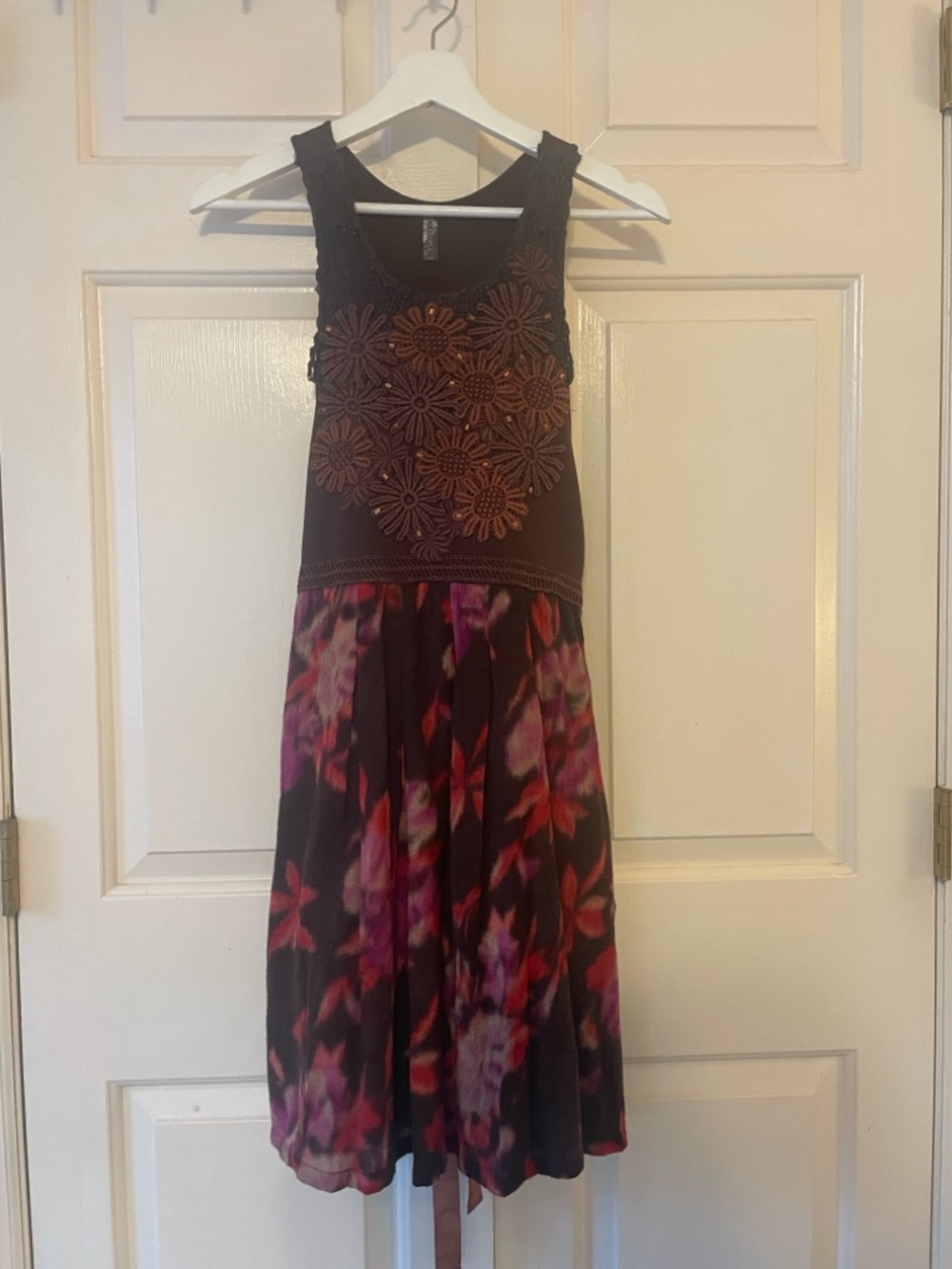 Free People wool 100% sleeveless patchwork floral crochet dress M boho indie